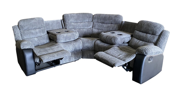 Roma Jumbo Cord with Leather 4-5 Seater Corner Recliner Sofa in Grey with Black