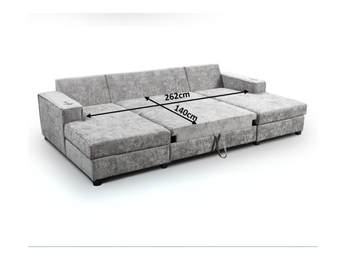 HB FURNITURE Zara U Shape Sofa Bed with Storage Platinum Grey Chenille