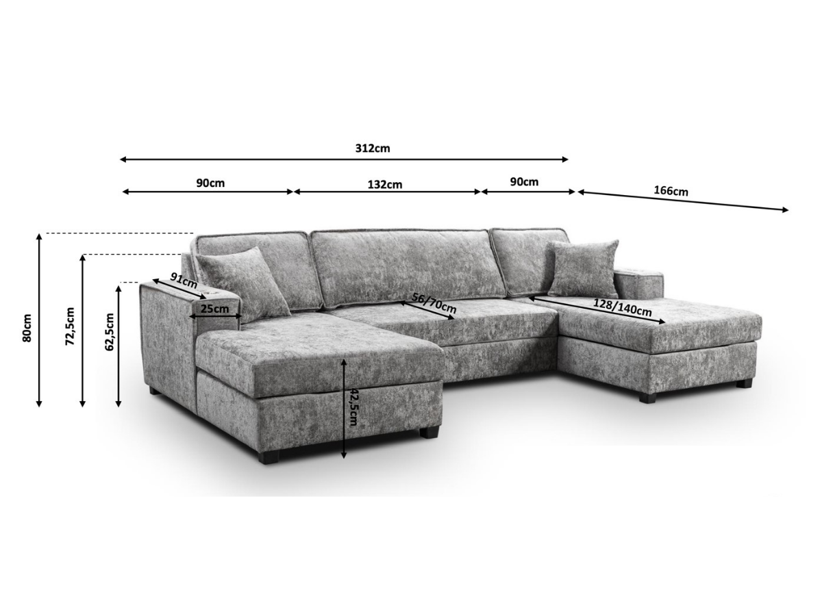 HB FURNITURE Zara U Shape Sofa Bed with Storage Platinum Grey Chenille