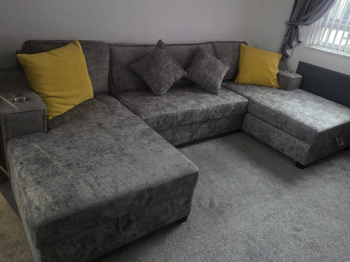 HB FURNITURE Zara U Shape Sofa Bed with Storage Platinum Grey Chenille